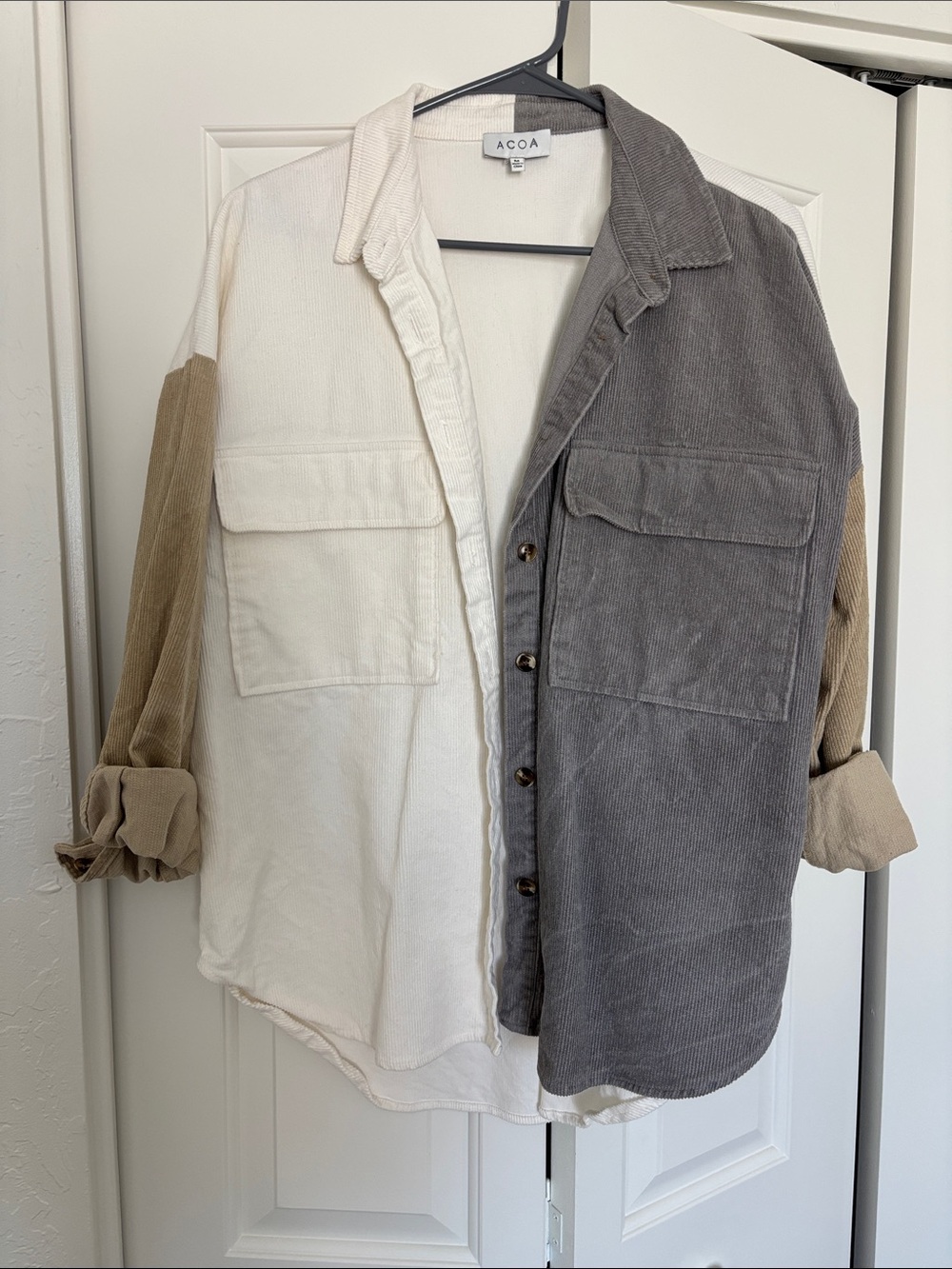 ACOA Colorblock Corduroy Button-Down Shirt Jacket - Ivory, Gray & Tan